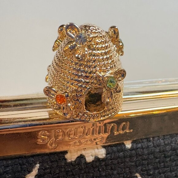 Spartina 449 Bee Kiss Lock Coin Purse Woven Linen Clutch Black Cream - Picture 8 of 10